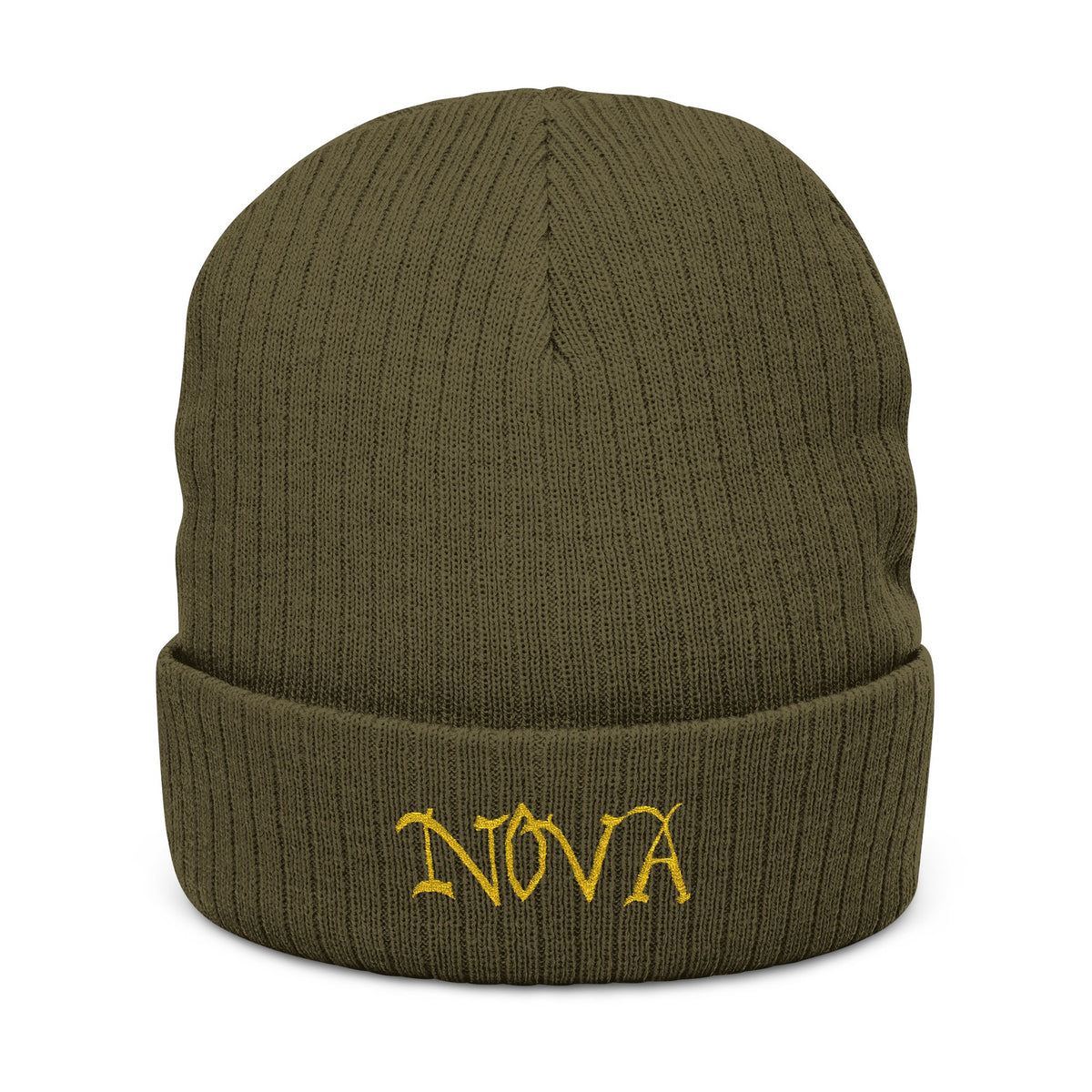 NOVA Embroidered Beanie | Gold Blackletter Wordmark Cuffed Knit
