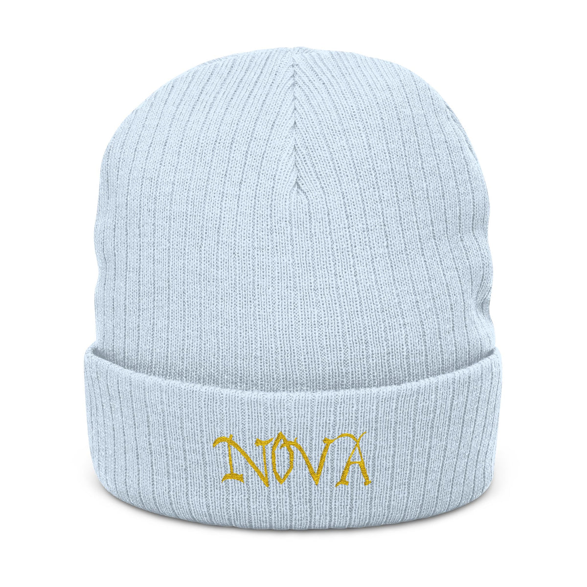 NOVA Embroidered Beanie | Gold Blackletter Wordmark Cuffed Knit