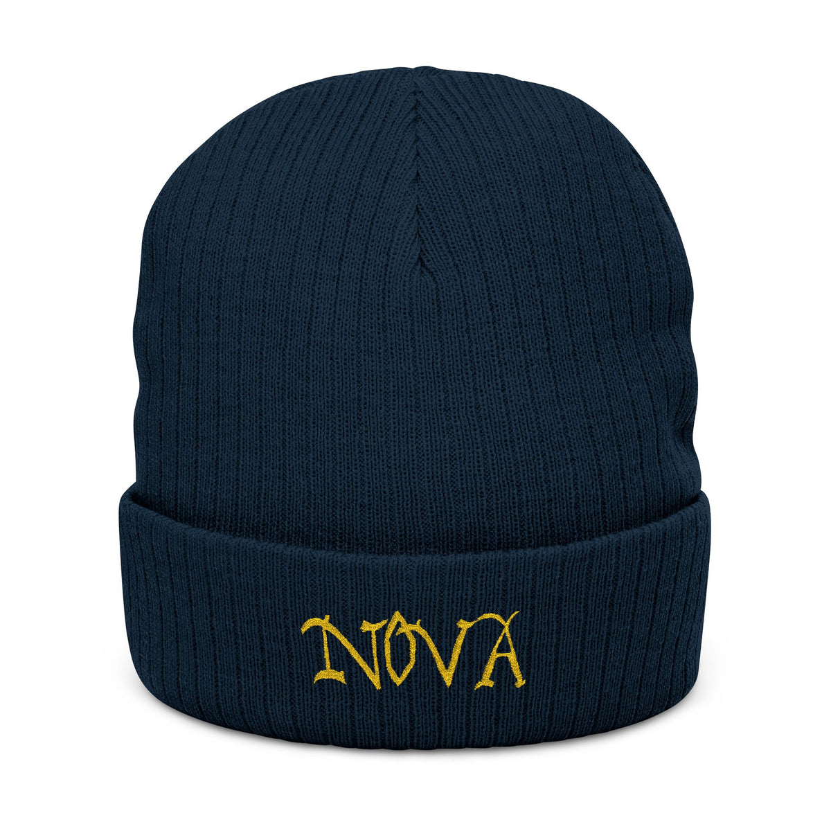 NOVA Embroidered Beanie | Gold Blackletter Wordmark Cuffed Knit