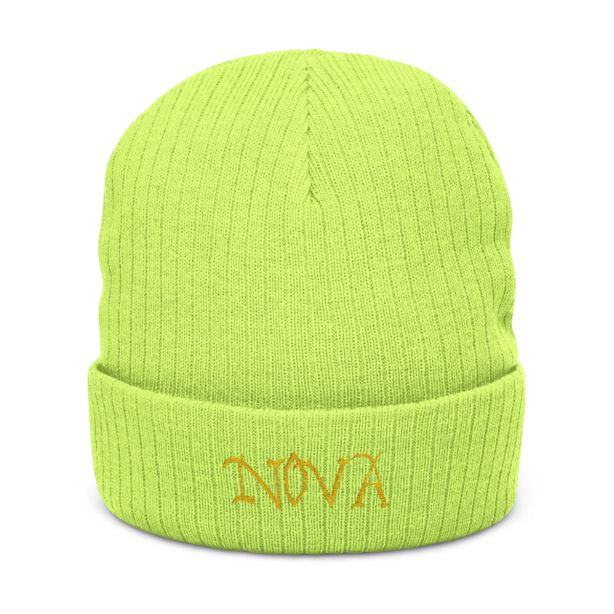 NOVA Embroidered Beanie | Gold Blackletter Wordmark Cuffed Knit