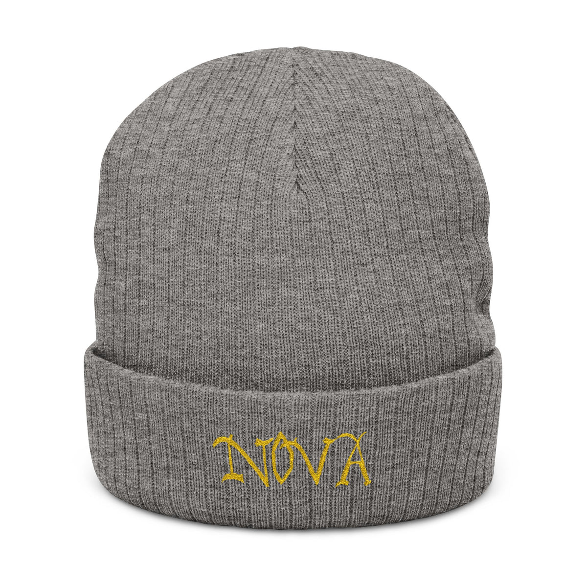 NOVA Embroidered Beanie | Gold Blackletter Wordmark Cuffed Knit