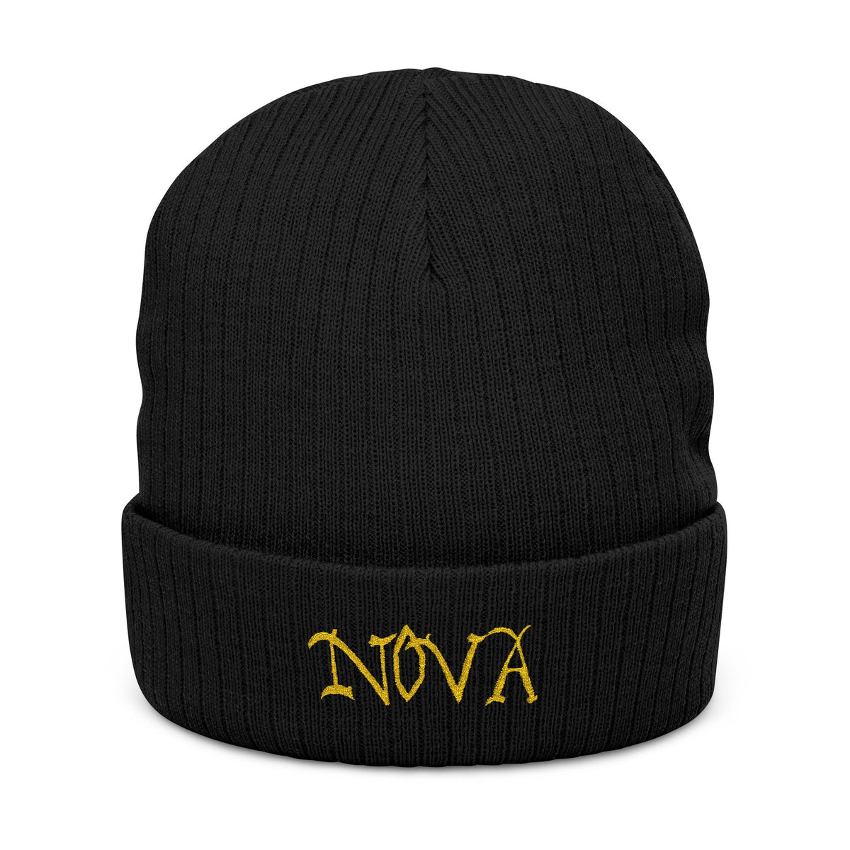 NOVA Embroidered Beanie | Gold Blackletter Wordmark Cuffed Knit