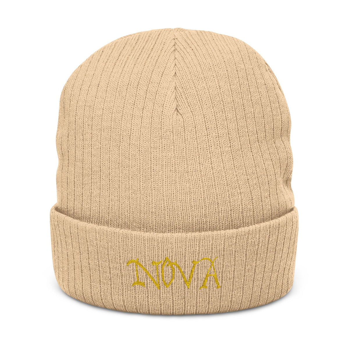 NOVA Embroidered Beanie | Gold Blackletter Wordmark Cuffed Knit