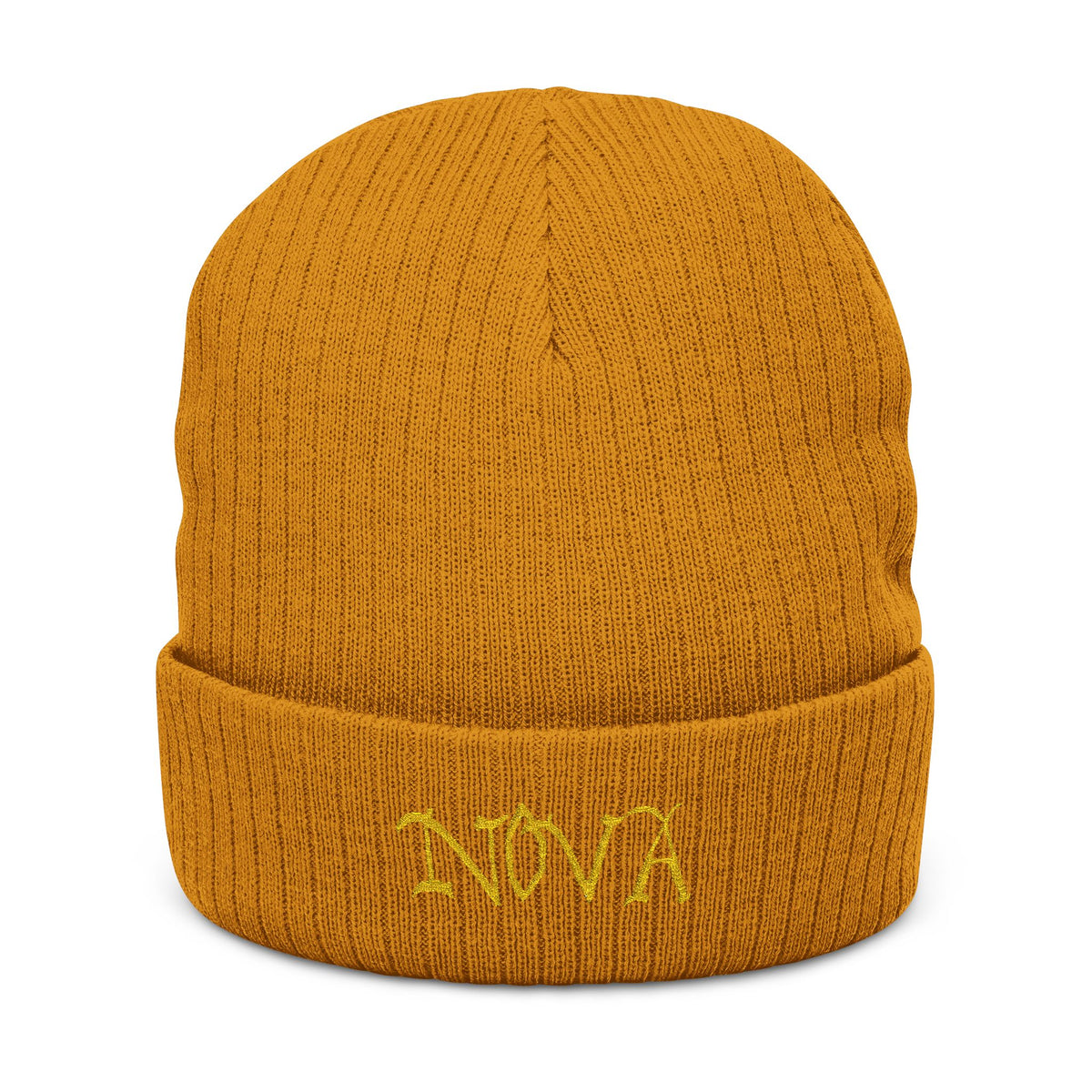 NOVA Embroidered Beanie | Gold Blackletter Wordmark Cuffed Knit