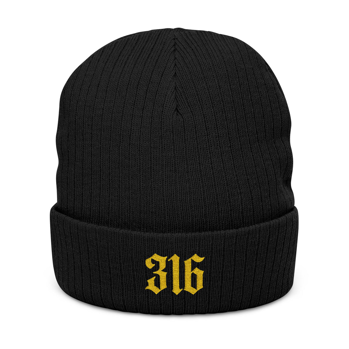 NOVA 316 Embroidered Beanie | Gold Gothic Cuffed Knit
