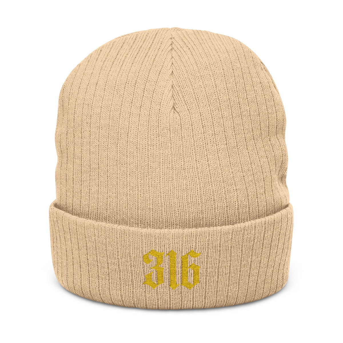 NOVA 316 Embroidered Beanie | Gold Gothic Cuffed Knit